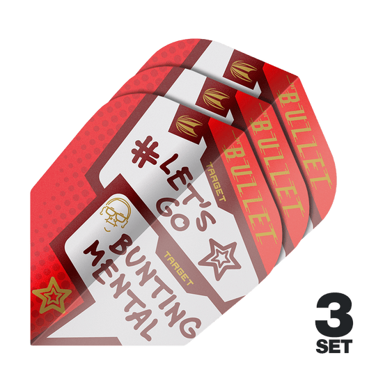 Letky Target Pro Ultra Stephen Bunting Mental No6 - 3 sady Das Bild zeigt drei Sets der Target Pro Ultra Stephen Bunting Mental No6 Flights für Dartpfeile. Die Flights sind rot und weiß gestaltet und tragen die Aufschrift "#LET'S GO BUNTING MENTAL".