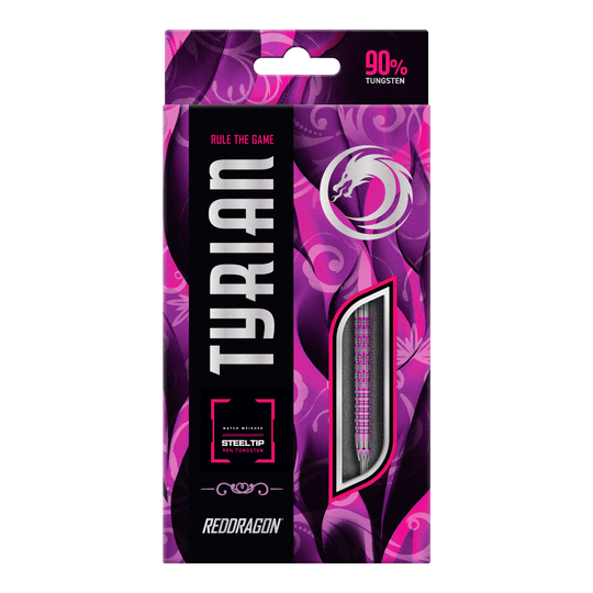 Dardos de acero de Tyrian del Red Dragon Die Abbildung zeigt die Verpackung der "Red Dragon Tyrian Steeldarts". Die Schachtel ist überwiegend in Lila- und Rosatönen gestaltet und hebt hervor, dass die Darts aus 90% Tungsten bestehen.