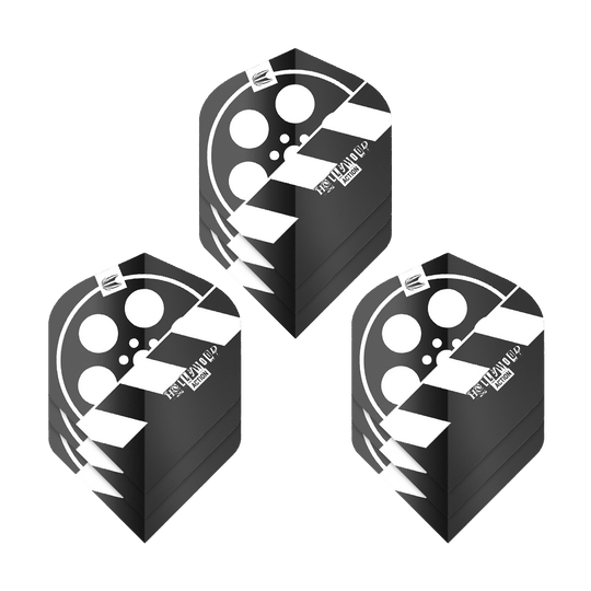 Target Pro Ultra Chris Dobey Hollywood Action No2 Standardní letky - 3 sady Das Bild zeigt drei Sets von Dart-Flights mit einem Filmklappen-Design in Schwarz und Weiß. Die Flights tragen den Namen "Target Pro Ultra Chris Dobey Hollywood Action No2 Standard Flights".