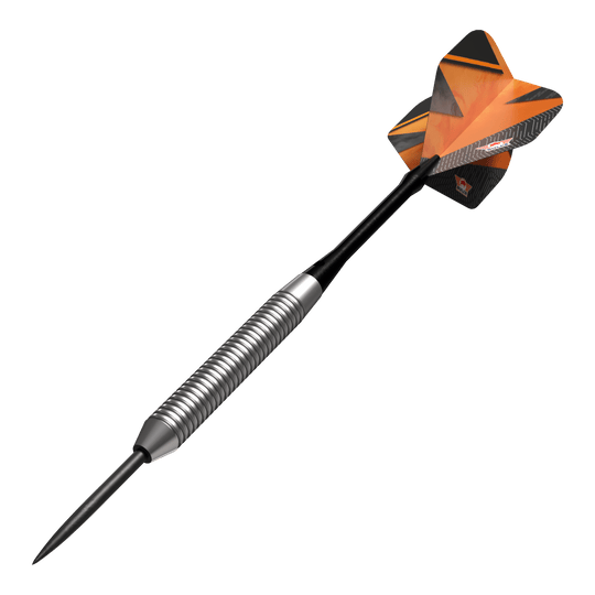 Dardos de acero naranja Bulls NL Lightning Das Bild zeigt einen Bulls NL Lightning Orange Steeldart. Der Dart hat einen silbernen, gerillten Schaft und orangene Flights mit schwarzen Akzenten.