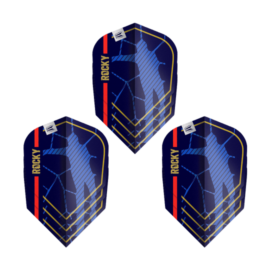Letky Target Pro Ultra Josh Rock GEN1 č. 6 - 3 sady Das Bild zeigt drei Dartflights des Produkts „Target Pro Ultra Josh Rock GEN1 No6 Flights - 3 Sets“. Die Flights sind dunkelblau mit goldenen Linien, einer roten Streifen und dem Schriftzug „ROCKY“ versehen.