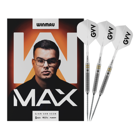 Winmau Gian Van Veen W-MAX Switch Point Steeldarts Das Bild zeigt Winmau Gian Van Veen W-MAX Switch Point Steeldarts in voller Länge. Alle Details des Darts sind sichtbar.