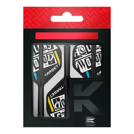 Systém standardní letové hřídele Target K-Flex Chris Dobey No2 Das Bild zeigt eine Packung der "Target K-Flex Chris Dobey No2 Standard Flights". Die Flights sind schwarz-weiß mit gelben und blauen Akzenten gestaltet und befinden sich in einer schwarzen Verpackung mit rotem Aufhänger.