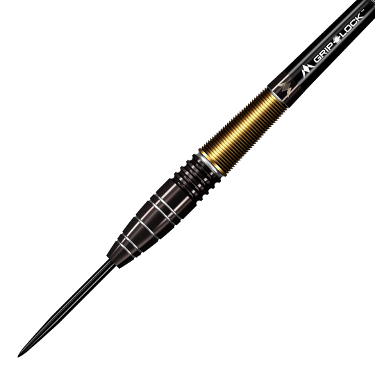 Mission Crypt Model 1 Steeldarts - 22g Das Bild zeigt einen Mission Crypt Model 1 Steeldart mit einem Gewicht von 22g. Der Dart hat ein elegantes Design mit schwarzen und goldenen Akzenten.