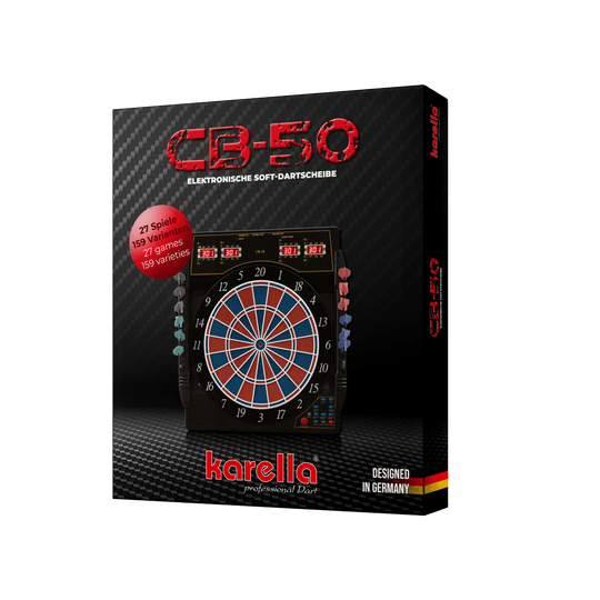 Elektronische Dartscheibe Karella CB 50 Turnierausführung Die Abbildung zeigt die Produktverpackung der elektronischen Dartscheibe Karella CB 50 Turnierausführung. Auf der Verpackung sind Informationen wie „27 Spiele, 159 Varianten“ und „Designed in Germany“ zu sehen.
