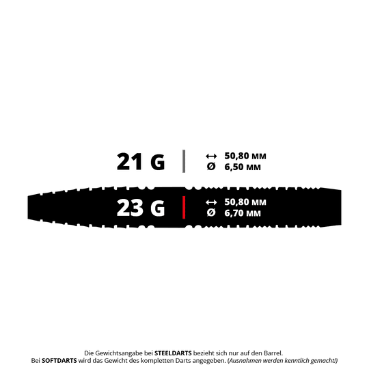 Fléchettes en acier conique Red Dragon Recon Das Bild zeigt Steeldarts mit dem Namen 'Recon Tapered' von Red Dragon. Die Darts wiegen 23 Gramm.