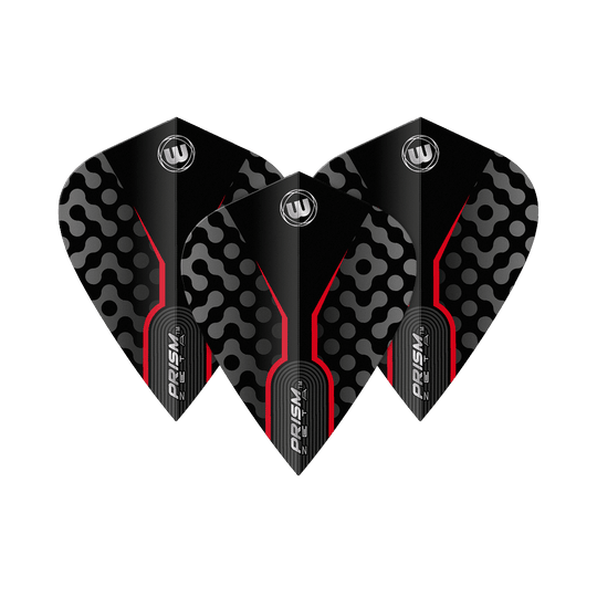 Vuelos Cometa Winmau Zeta Negro Rojo Das Bild zeigt drei Winmau Zeta Black Red Kite Flights. Sie sind schwarz mit roten Linien und einem auffälligen Muster in Grau.