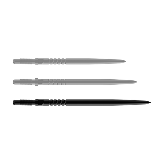 Das Bild zeigt ein Dart-Zubehörteil. Es handelt sich um ein BullsNL Convertible Point mit Ringed Grip in Schwarz und 40mm Länge.