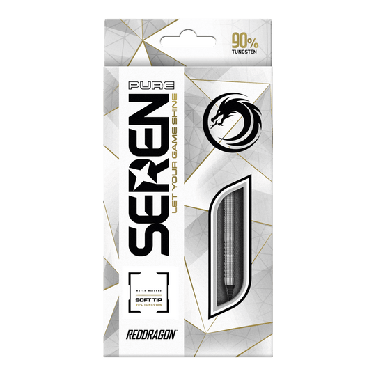 Šipky Red Dragon Seren 1 Pure Softdarts - 20g Die Verpackung zeigt das Produkt "Red Dragon Seren 1 Pure Softdarts - 20g". Das Design ist überwiegend weiß mit goldenen und schwarzen Akzenten und hebt die Qualität aus 90 % Tungsten hervor.