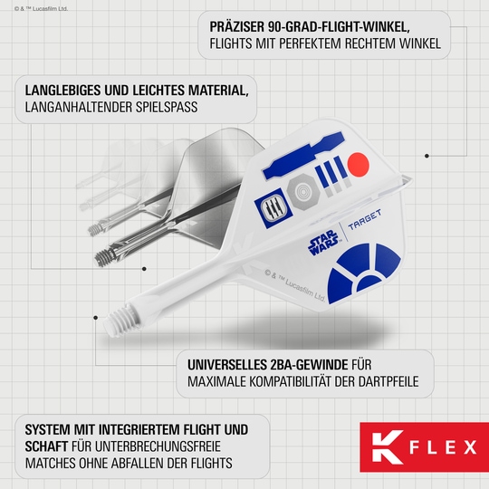 Voli Target Star Wars K-Flex R2D2 No6 Das Bild zeigt die Target Star Wars K-Flex R2D2 No6 Flights. Sie sind eine dekorative Ergänzung für jeden Dartpfeil im Star Wars Look.