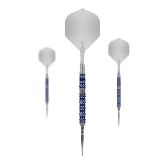 Abgebildet ist ein Set der Winmau Lunaris Parallel Switch Point Steeldarts. Mehrere Darts sind zusammen als Set angeordnet.