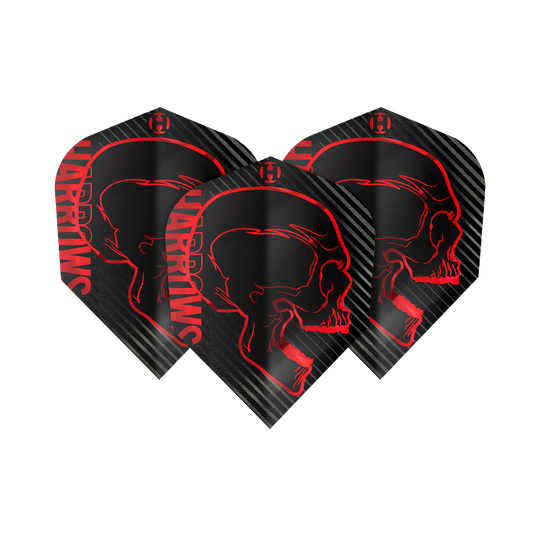 Voli Harrows Rage Red No6 Das Bild zeigt drei schwarze Dartflights mit einem roten Totenkopfdesign und dem Schriftzug "Harrows" an der Seite. Die Flights sind Teil des Produkts "Harrows Rage Red No6 Flights".
