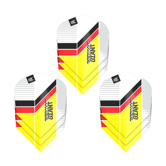 Target Pro Ultra Gabriel Clemens No6 Flights - 3 sady Das Bild zeigt drei Sets von Target Pro Ultra Gabriel Clemens No6 Flights. Die Flights haben ein Design in den Farben Weiß, Gelb, Rot und Schwarz mit der Aufschrift "GERMAN GIANT".