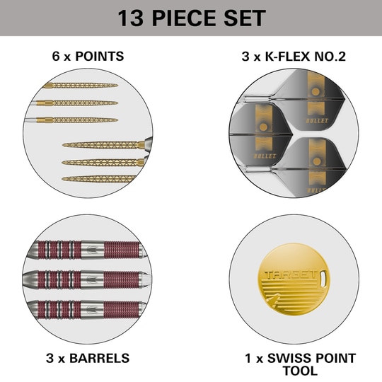 Dardos de acero Target Stephen Bunting 95K Swiss Point Das Bild zeigt ein 13-teiliges Dart-Set mit Spitzen, Schäften, Barrels und einem Swiss Point Werkzeug. Es handelt sich um das Produkt "Target Stephen Bunting 95K Swiss Point Steeldarts".