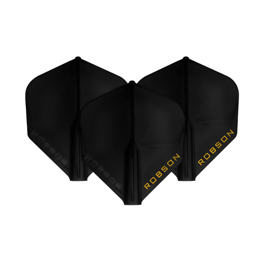Auf dem Bild sind drei schwarze Dart-Flights zu sehen. Auf jedem Flight steht das Wort "ROBSON" in gelber Schrift.