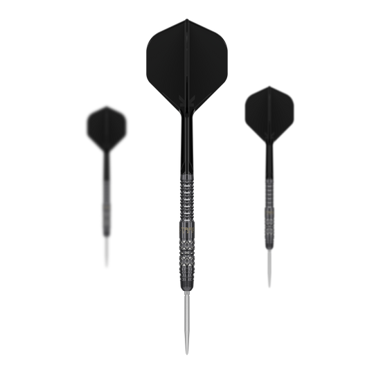 Hier sieht man die Target Japan Black Marque Creed Swiss Point Steeldarts - 23g als komplettes Set. Die Darts haben ein modernes Design in Schwarz.