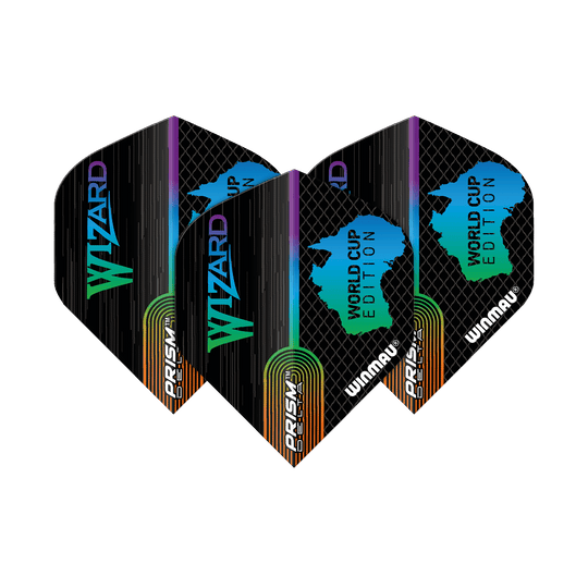 6915-237_Winmau_Simon_Whitlock_World_Cup_Special_Edition_Standard_Flights_1TCCzvaL84lPSL Das Bild zeigt drei Dart-Flights der Marke Winmau, Simon Whitlock World Cup Special Edition. Die Flights sind schwarz mit farbigen Details und den Aufschriften "Wizard" und "World Cup Edition".