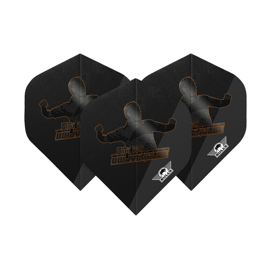Bulls NL Player 100 Dirk Van Duijvenbode Edition 2 No2 Standardní lety Das Bild zeigt drei schwarze Dart Flights mit dem Aufdruck "Dirk Van Duijvenbode" und einer Silhouette. In der Ecke ist das weiße Bulls NL-Logo zu sehen.
