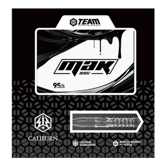 Freccette in acciaio Caliburn Player MAK Das Bild zeigt die Verpackung der Caliburn Player MAK Steeldarts mit einem Gewicht von 23,5g. Die Verpackung hebt das moderne Design und eine Lebenszeitgarantie hervor.