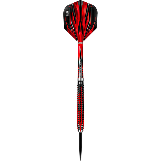 HA26999_Harrows_Fire_Inferno_Steeldarts_1F58MeZcIwywTg Das Bild zeigt einen Harrows Fire Inferno Steeldart mit auffälligem roten und schwarzen Design. Der Dart wirkt hochwertig und ist speziell für Präzision und Leistung im Dartsport entwickelt.
