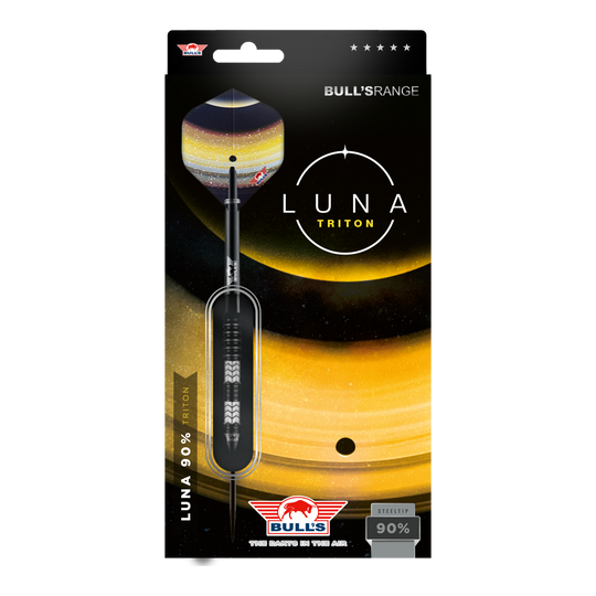 Dardos de acero Bulls NL Luna Triton Das Bild zeigt die Verpackung der "Bulls NL Luna Triton Steeldarts". Die Verpackung ist schwarz-gelb gestaltet und hebt den Dartpfeil sowie den Schriftzug "Luna Triton" hervor.