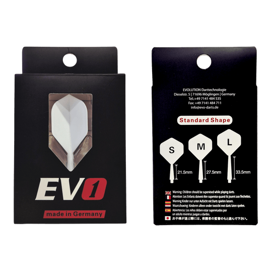 Abgebildet ist das Evolution EVO1 Flight-Shaft-System in der Farbe Weiß. Der Artikel eignet sich als hochwertiges Dartzubehör.