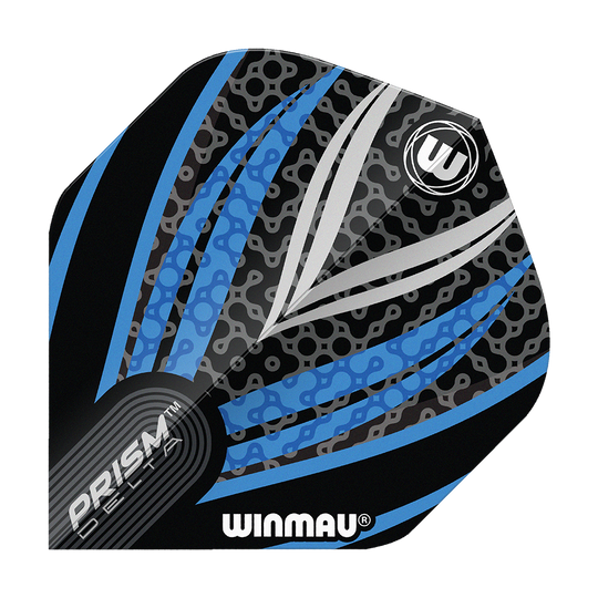 Letky Winmau Prism Delta černá bílá modrá č. 2 standardní Das Bild zeigt ein Winmau Prism Delta Flight in den Farben Schwarz, Weiß und Blau. Das Design ist modern mit auffälligen Linien und Mustern.