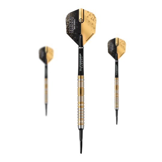 Miękkie rzutki Harrow's Dave Chisnall Chizzy Series 2 Das Bild zeigt drei Softdarts der Marke "Harrows Dave Chisnall Chizzy Series 2" mit gold-schwarzem Design. Die Darts haben schwarze Flights und silber-goldene Griffe mit schwarzer Spitze.
