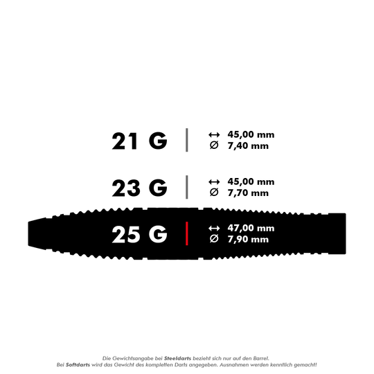 Dardos de acero Target Scope 03 Swiss Point Das Bild zeigt drei verschiedene Steeldarts mit den Gewichten 21 g, 23 g und 25 g. Die Maße Länge und Durchmesser sind für jedes Gewicht angegeben.