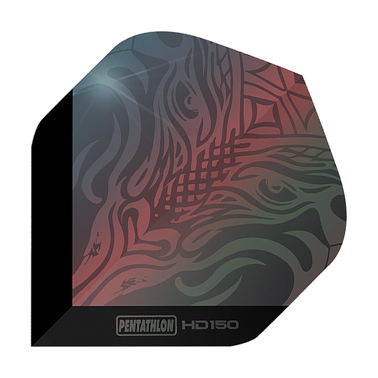 Pentathlon HD150 metalicky šedé standardní letky Dies ist ein Pentathlon HD150 Metallic Grau Standard Flight für Darts. Das Flight hat ein abstraktes Muster in metallicfarbenen Grau- und Rottönen.