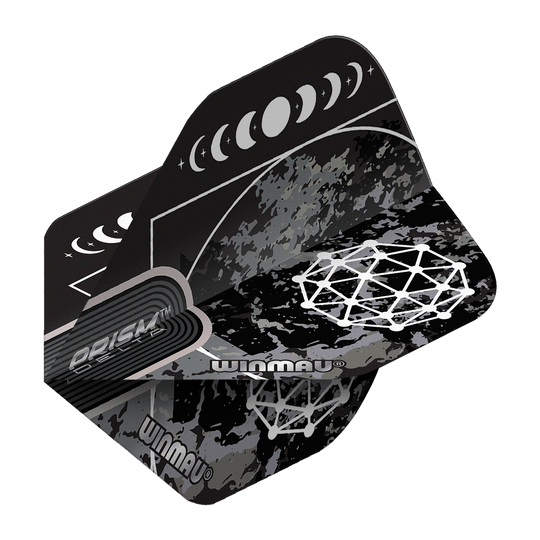 Voli standard Winmau Prism Delta Callisto No2 Das Bild zeigt die Winmau Prism Delta Callisto No2 Standard Flights. Die Flights sind schwarz-grau gemustert und mit weißen grafischen Mondphasen und geometrischen Mustern verziert.