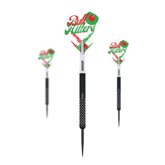 Das Bild zeigt den Red Dragon Bullhitters V1 Steeldarts - 23g als Set. Es handelt sich um Steeldarts mit einem Gewicht von 23 Gramm.