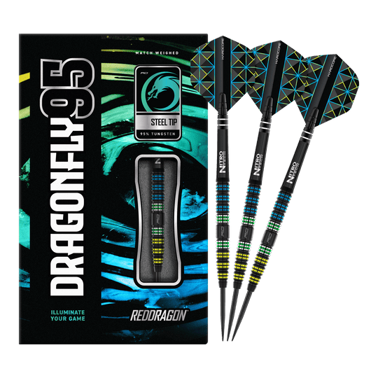 Šipky Red Dragon Dragon 95 černé, zúžené, ocelové Die Abbildung zeigt das Produkt "Red Dragon Dragonfly 95 Black Tapered Steeldarts" mit moderner, bunter Verpackung. Drei schwarze Steeldarts mit farbigen Akzenten und speziellen Flights sind daneben zu sehen.
