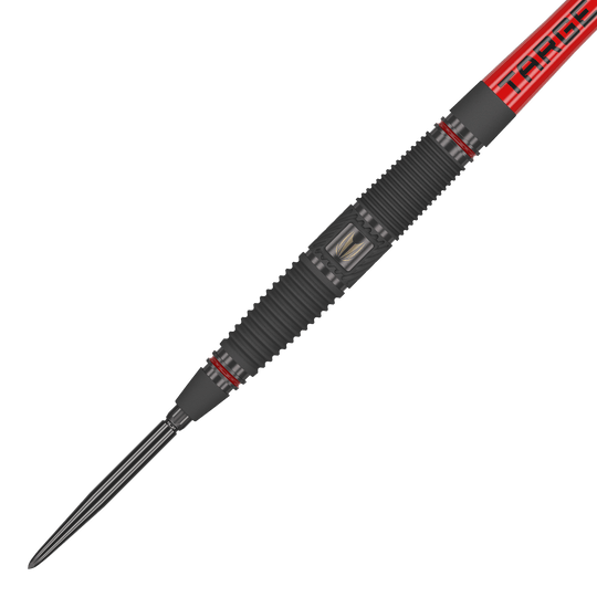 Dardos de acero Target Scope 04 Swiss Point Das Bild zeigt einen Target Scope 04 Swiss Point Steeldart. Der Dart hat ein schwarzes, geriffeltes Griffstück mit roten Akzenten und einer silbernen Spitze.