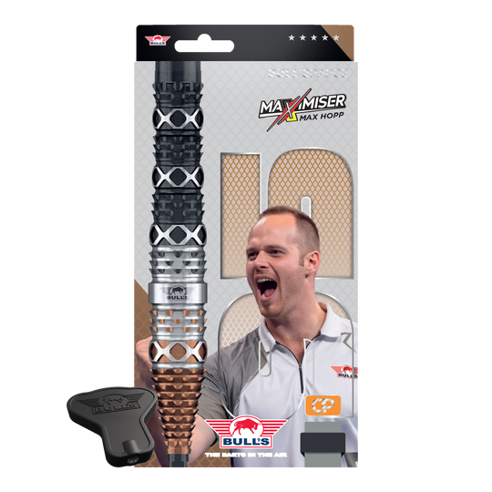 Bulls NL Max Hopp 95% Puntos Convertibles Steeldarts Abbildung der Bulls NL Max Hopp 95% Convertible Points Steeldarts. Die Darts sind detailreich gezeigt und richten sich an Dart-Enthusiasten.
