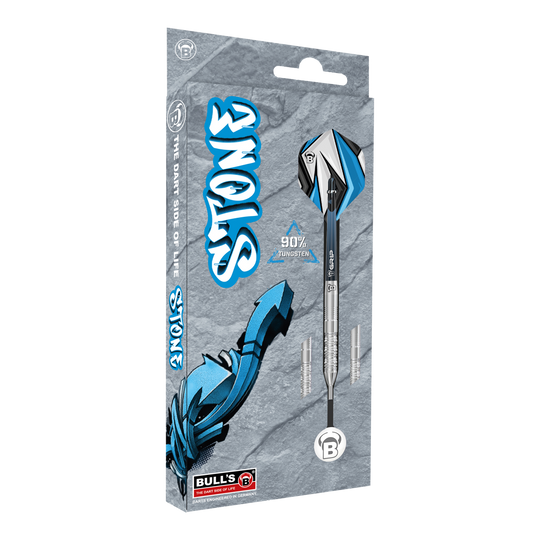 Bulls Stone S3 Steeldarts Die Abbildung zeigt die Verpackung der Bulls Stone S3 Steeldarts. Die Darts bestehen zu 90 % aus Tungsten und haben ein modernes Design in Blau und Silber.