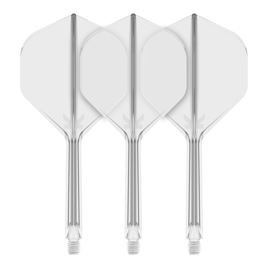 System lotu Target K-Flex No2 Standard – przezroczysty Das Bild zeigt drei durchsichtige Dartflights mit passenden Schäften. Sie sind nebeneinander auf einem schwarzen Hintergrund angeordnet.