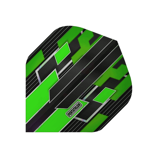 P31_Pentathlon_Gilded_Standard_Flights_Gr-n_1 Das Bild zeigt einen Pentathlon Gilded Standard Flight in Grün. Das Design besteht aus schwarzen, weißen und leuchtend grünen geometrischen Mustern mit dem Schriftzug "Pentathlon".