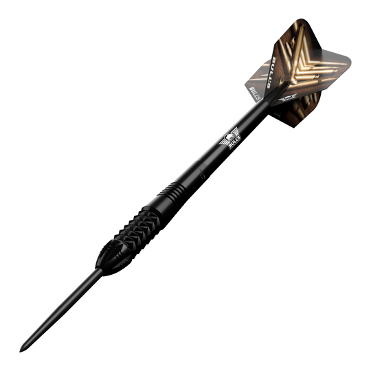 Dardos de acero Bulls NL Caliber Black Dieses Bild zeigt den Bulls NL Caliber Black Steeldart. Der Dartpfeil ist schwarz und hat ein auffälliges Design auf den Flights.