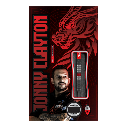 Dardos de acero Red Dragon Jonny Clayton Hiraeth Die Abbildung zeigt die Verpackung der "Red Dragon Jonny Clayton Hiraeth Steeldarts". Auf der Verpackung sind ein Porträt von Jonny Clayton sowie ein stilisierter roter Drache abgebildet.