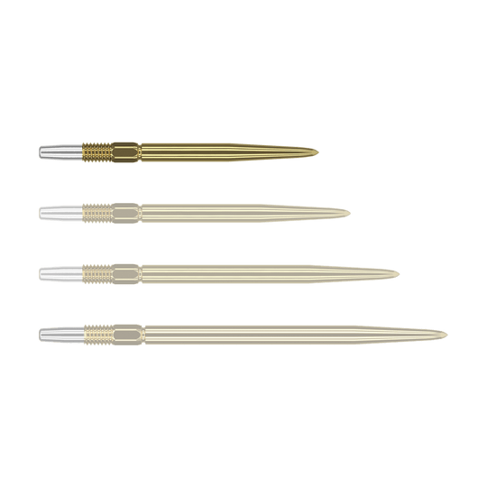 Target Swiss Point Gold Dartspitzen Das Bild zeigt vier goldene Dartspitzen, die nebeneinander ausgerichtet sind. Die Spitzen haben ein silbernes Gewinde am Ende.