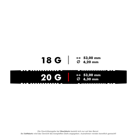 Das Bild zeigt die technischen Daten von zwei Softdarts mit einem Gewicht von 18 g und 20 g. Beide Darts sind 53 mm lang, der Durchmesser beträgt 6,2 mm bzw. 6,3 mm.