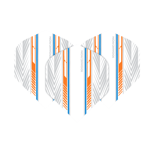 Voli Pentathlon bianchi/arancioni/blu Das Bild zeigt die Pentathlon White Orange Blue No2 Standard Flights. Sie sind weiß mit auffälligen orangefarbenen, blauen und grauen Linienmustern gestaltet.
