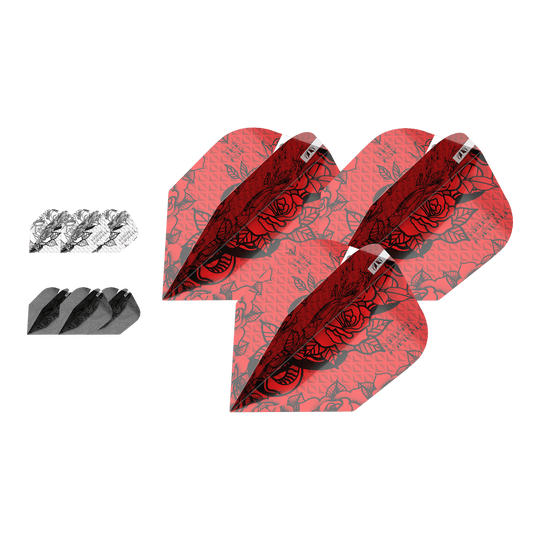 Target Ink Balíček 3 Sady Letky Nathan Aspinall No6 Das Bild zeigt drei Sets von Dart-Flights des Produkts "Target Ink Bundle 3 Sets Nathan Aspinall No6 Flights". Die Flights sind in Rot, Schwarz und Weiß mit auffälligem Muster gestaltet.