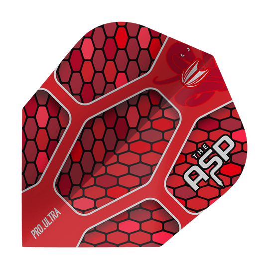 TG386_334440_Target_ProUltra_Nathan_Aspinall_Red_No6_Flights_1 Dieses Bild zeigt einen roten Dartflight mit Wabenmuster und weißen Schriftzügen. Auf dem Flight stehen „PRO.ULTRA“ und „THE ASP“.