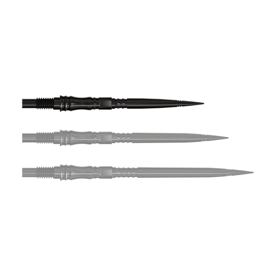 Harrows Quick Point Apex Axis Elite Series Dartspitzen - Schwarz Apex Axis Black Elite Serie Dartspitzen in 30mm werden gezeigt. Die Spitzen sind schmal und schwarz.