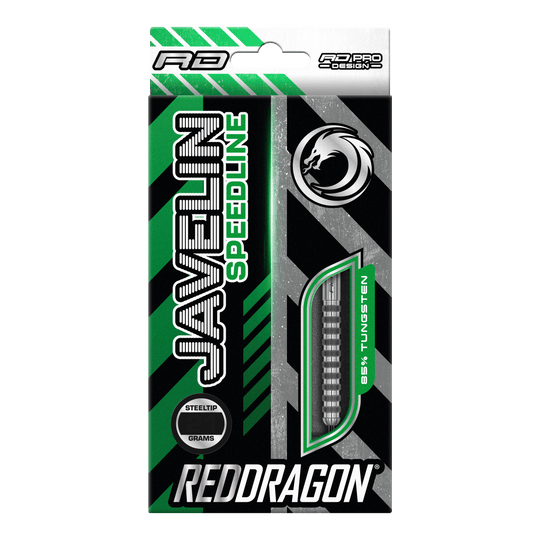 Dardos de acero Red Dragon Javelin Speedline Die Abbildung zeigt die Verpackung der "Red Dragon Javelin Speedline Steeldarts". Die Packung ist grün, schwarz und silber, mit einem Sichtfenster für die Darts und auffälligem Drachen-Logo.