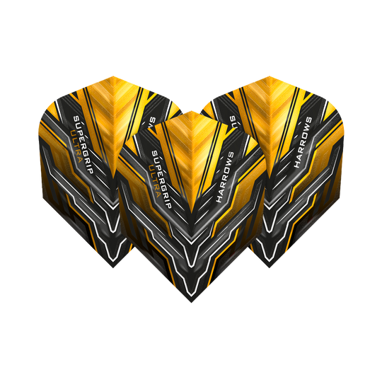HR12_Harrows_Supergrip_Ultra_Sunset_Gold_Standard_Flights_1Cpvtdmbk5VoW5 Das Bild zeigt drei Dart-Flights mit dem Namen „Harrows Supergrip Ultra Sunset Gold Standard Flights“. Die Flights haben ein auffälliges Design in Gold, Schwarz und Silber mit grafischen Mustern und Schriftzügen.