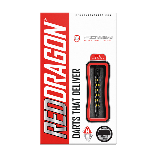 RD2386_Red_Dragon_Nirvana_Softdarts_3 Die Verpackung zeigt die "Red Dragon Nirvana Softdarts - 20g" mit einem modernen Design. Die Darts bestehen aus 90% Tungsten und sind speziell für Softtip-Spiele geeignet.