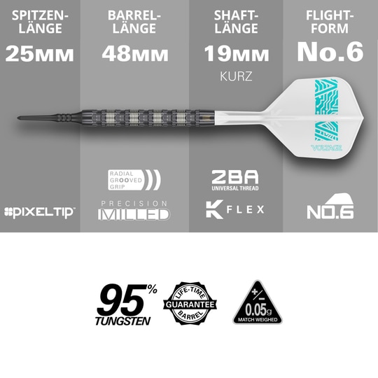 Dardos Target Rob Cross 95K Swiss Point Soft - 18 g Das Bild zeigt den Target Rob Cross 95K Swiss Point Softdart mit 18 Gramm Gewicht. Es werden die Längen der Spitze, des Barrels, des Schafts und der Flight-Form sowie wichtige Merkmale wie 95% Tungsten und lebenslange Garantie hervorgehoben.